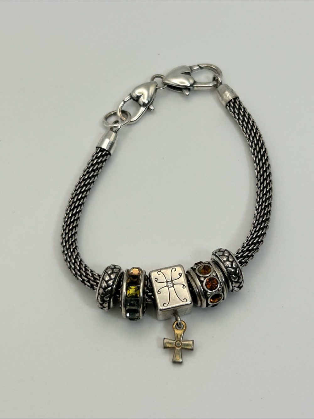 Brighton Beverly Glam Holiday Bracelet 8" Mesh Chain Cross Charm Cube 4 Spacers